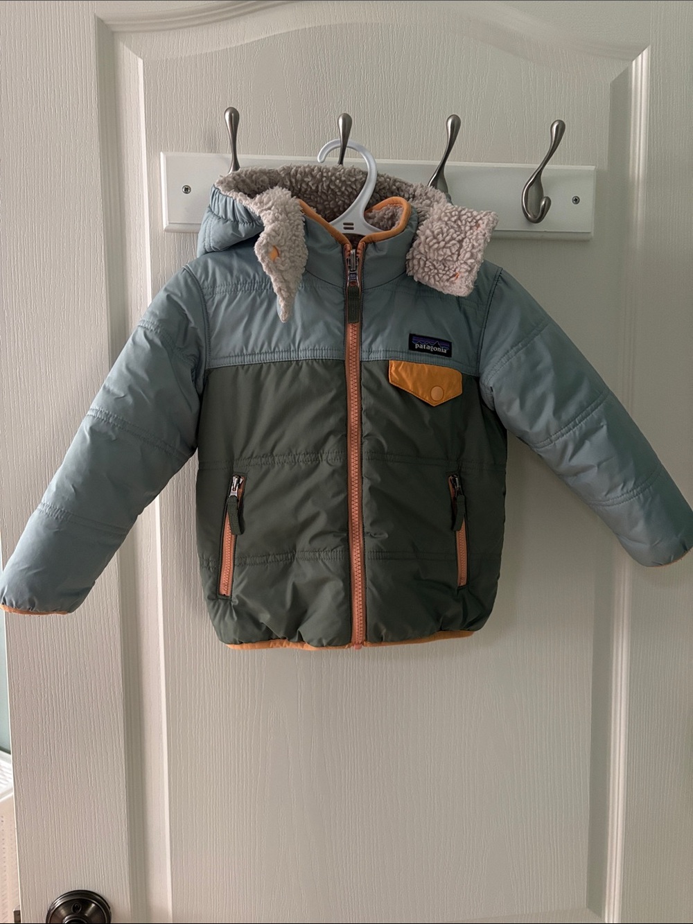 Reversible Patagonia Kids Colorblock Green & Blue Puffer Jacket with Sherpa Hood